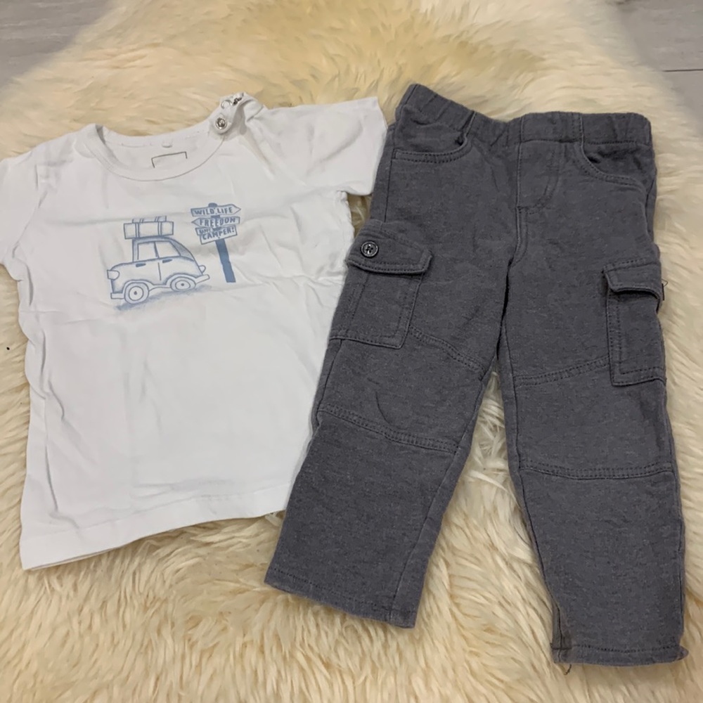 Name It White T-Shirt and Koala Kids Gray Cargo Sweatpants in size 12-18M